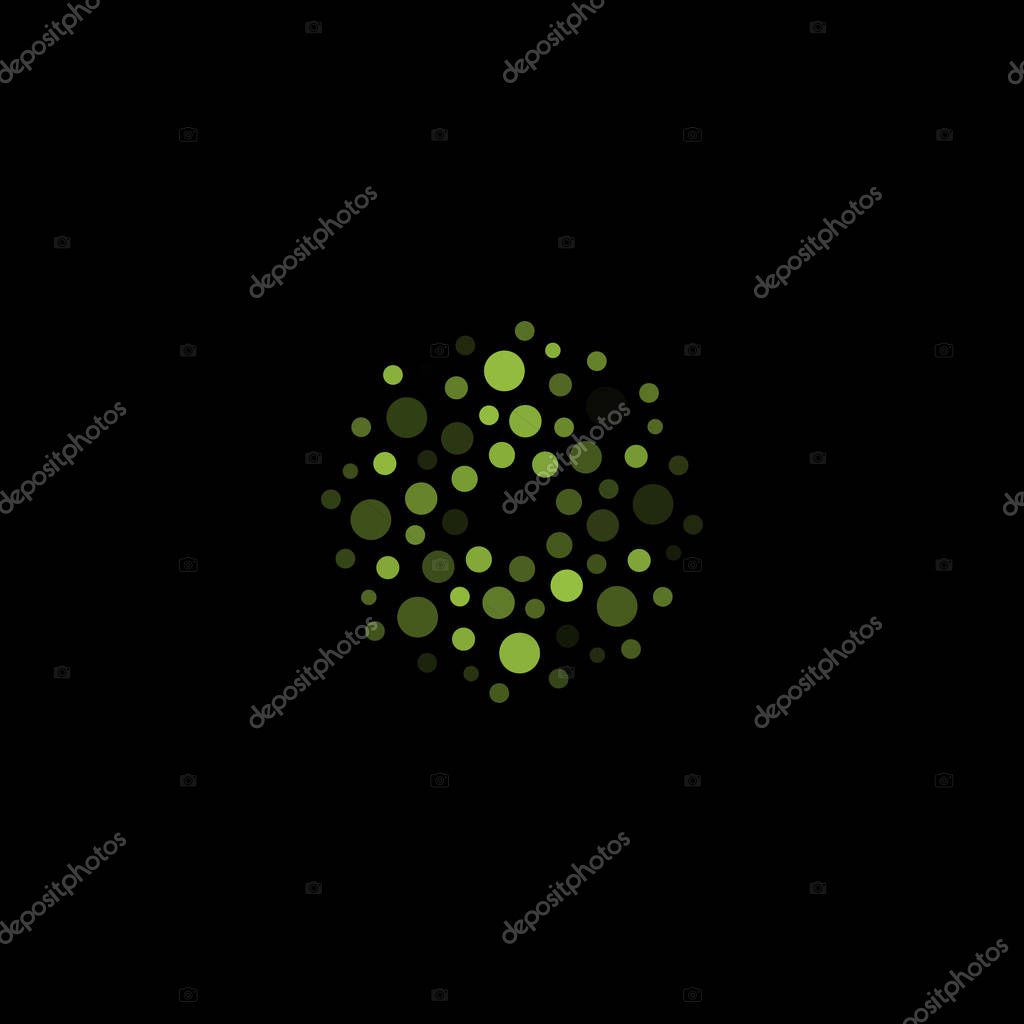 Abstract circle logotype. Unusual dotted round isolated chem logo. Virus icon. Green plant. Flower symbol. Sphere sign.Vector germs illustration