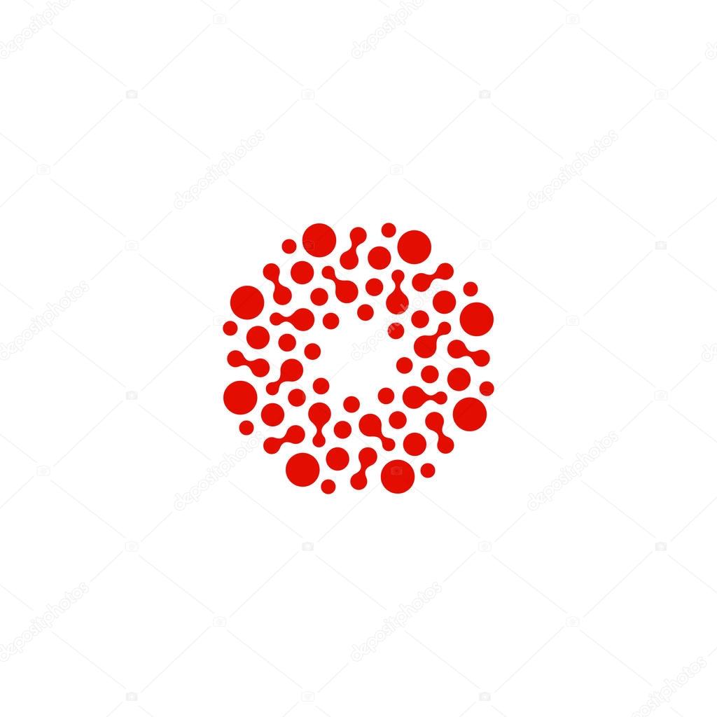 Abstract circle logotype. Unusual dotted round isolated chem logo. Virus icon. Red sun. Flower symbol. Spiral sign.Vector illustration