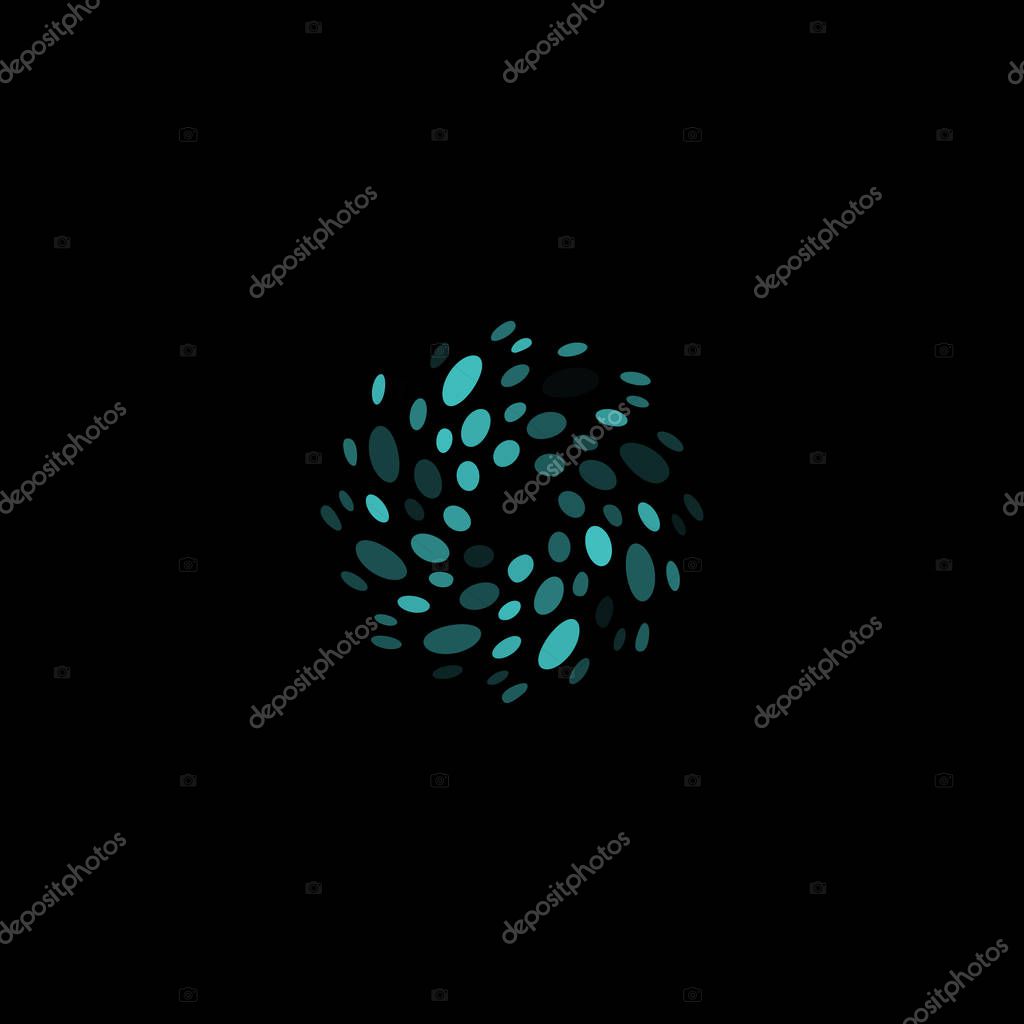 Abstract circle logotype. Unusual dotted round isolated chem logo. Virus icon. Blue water swirl. Flower symbol. Spiral liquid drink sign.Vector germs illustration