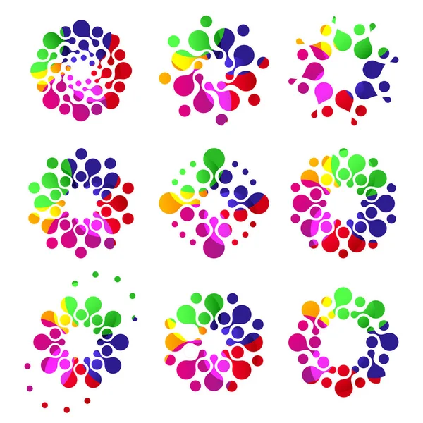 Isolated abstract colorful round shape dotted logo collection. Flower logotypes set. Floral icons on white. Virus signs. Bright fireworks emblems. Unusual microorganisms. Vector sun illustration. — Stock Vector