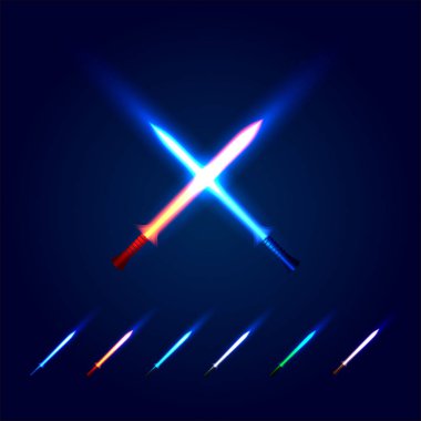 İzole mavi ve kırmızı renkli cossed ışık kılıç logo. Fütüristik film silah logo seti. Yangın güç simgesi ile kılıç. Lightsaber toplama imzalar. Bilim-kurgu parlak neon longsword vektör çizim.
