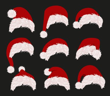 Kırmızı santa şapka koleksiyonu. Vektör çizim. Yeni yıl Aksesuar siyah arka plan üzerine. İzole kış tatil kostüm öğesi. Neşeli Noel maskeli balo elbise.