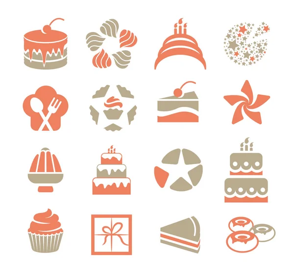 Kuchen-Logo im Vintage-Stil. rosafarbene und graue Desserts mit Logos. Stück Kuchen-Symbol auf weißem Hintergrund. Leckeres Gebäck Zeichen Sammlung. Donuts Konturvektor Illustration. — Stockvektor