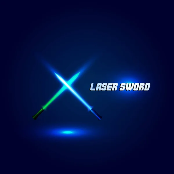 Isolated cossed light swords logo. Futuristic movie weapon logotype. Sabre with fire force icon. Lightsaber signs. Scifi shiny neon longsword vector illustration. — Stock Vector