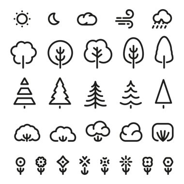 İzole siyah renk iğne yapraklı ağaçlar, çalılar, çiçek ve tek renkli çizgiler logo koymak ayetlerine hava tahmini sıraladı. Doğa öğeleri beyaz üzerinde basit düz vektör çizimler. Eko sembolleri.