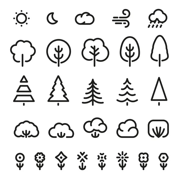 İzole siyah renk iğne yapraklı ağaçlar, çalılar, çiçek ve tek renkli çizgiler logo koymak ayetlerine hava tahmini sıraladı. Doğa öğeleri beyaz üzerinde basit düz vektör çizimler. Eko sembolleri.