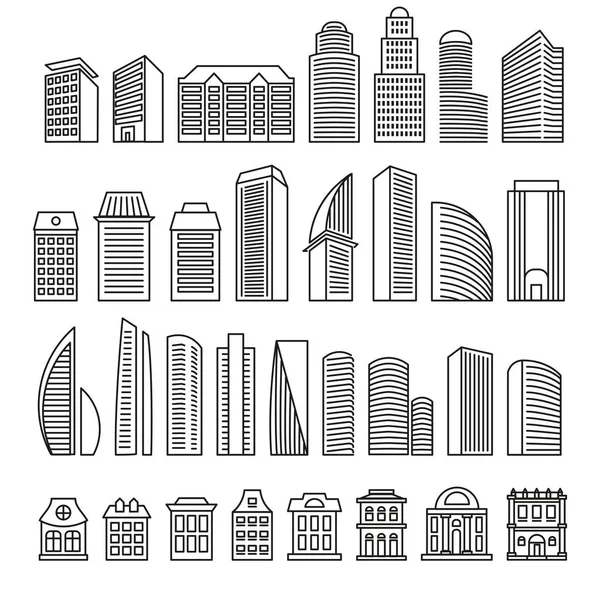 Isolato delineato in linee monocromatiche blocchi di appartamenti logo set. Illustrazione dei grattacieli vettoriali. Insegne immobiliari urbane per brochure aziendale. Logotipi architettonici progettati. Costruzioni edili . — Vettoriale Stock