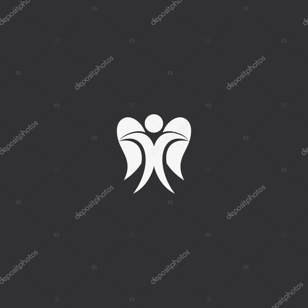 Isolated abstract white color angel on black background logo. Human with wings logotype. Heavenly creature silhouette icon. Saint soul vector illustration. Religious decorative symbol