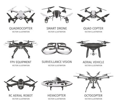 RC uçak logo toplama beyaz izole. UAV teknoloji logo ayarlayın. İnsansız hava aracı simgeler. Uzaktan kumanda aygıt işaretler. Gözetim vizyon multirotor. Vektör quadcopter çizim.