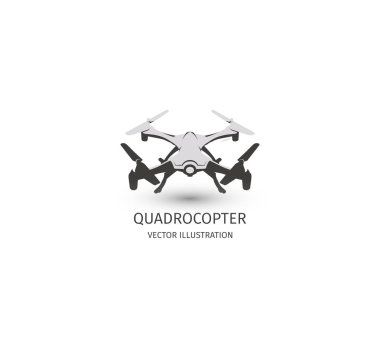 RC uçak logosu beyaz izole. UAV teknoloji logo. İnsansız hava aracı simgesi. Uzaktan kumanda aygıt işareti. Gözetim vizyon multirotor. Vektör quadcopter çizim.