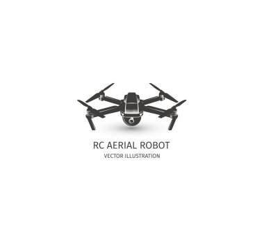 RC uçak logosu beyaz izole. UAV teknoloji logo. İnsansız hava aracı simgesi. Uzaktan kumanda aygıt işareti. Gözetim vizyon multirotor. Vektör quadcopter çizim.
