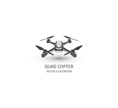 RC uçak logosu beyaz izole. UAV teknoloji logo. İnsansız hava aracı simgesi. Uzaktan kumanda aygıt işareti. Gözetim vizyon multirotor. Vektör quadcopter çizim.