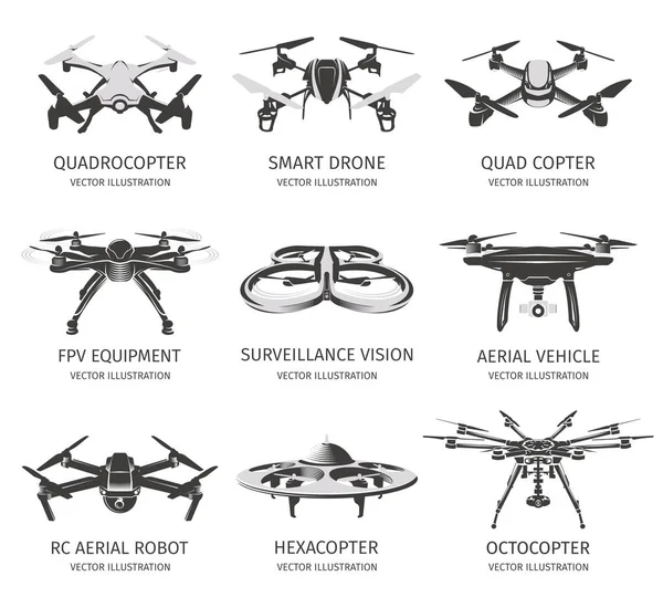 Isolated rc drone logo collection on white. UAV technology logotype set. Unmanned aerial vehicle icons. Remote control device signs. Surveillance vision multirotor. Vector quadcopter illustration. — Stock Vector