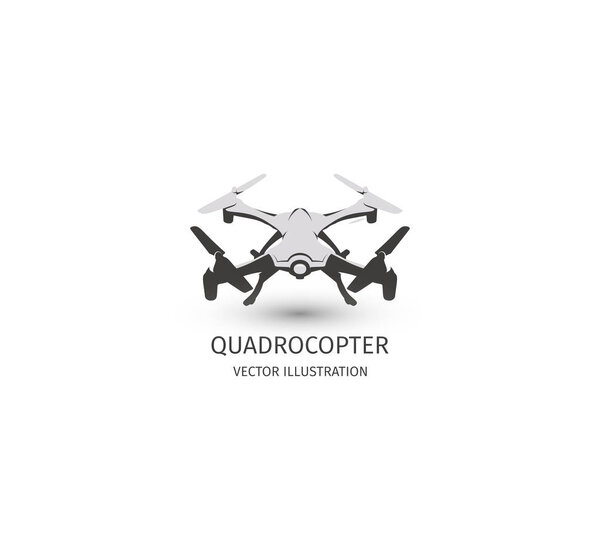 Isolated rc drone logo on white. UAV technology logotype. Unmanned aerial vehicle icon. Remote control device sign. Surveillance vision multirotor. Vector quadcopter illustration.