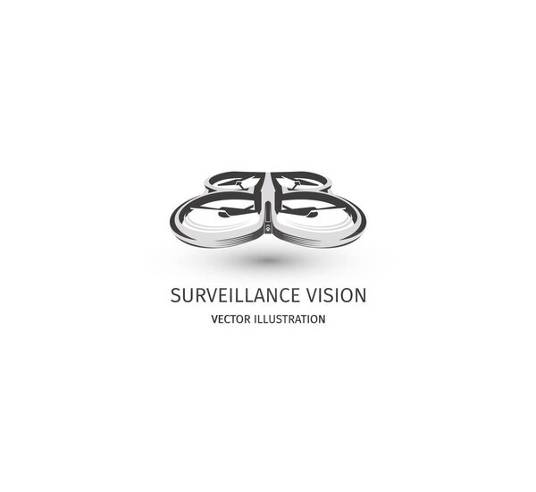 Isolated rc drone logo on white. UAV technology logotype. Unmanned aerial vehicle icon. Remote control device sign. Surveillance vision multirotor. Vector quadcopter illustration.