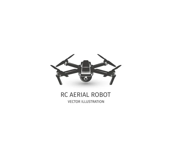 Logotipo isolado rc drone em branco. Logótipo da tecnologia UAV. Ícone de veículo aéreo não tripulado. Sinal do dispositivo de controlo remoto. Visão de vigilância multirotor. Ilustração do quadricóptero vetorial . — Vetor de Stock