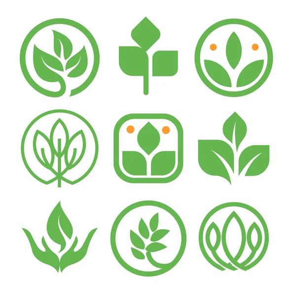 Kolekcja logo na białym tle Abstrakcja Zielony kolor. Okrągły kształt natura element logo zestaw. Liści w ikonę ludzką ręką. Znaki ekologicznych produktów rolnych. Ilustracja wektorowa ziół leczniczych. — Wektor stockowy