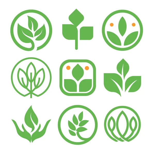 Coleção de logotipo de cor verde abstrato isolado. Conjunto de logotipos de elemento de natureza de forma redonda. Folha no ícone da mão humana. Produtos biológicos agrícolas sinais. Ervas curativas ilustração vetorial . —  Vetores de Stock