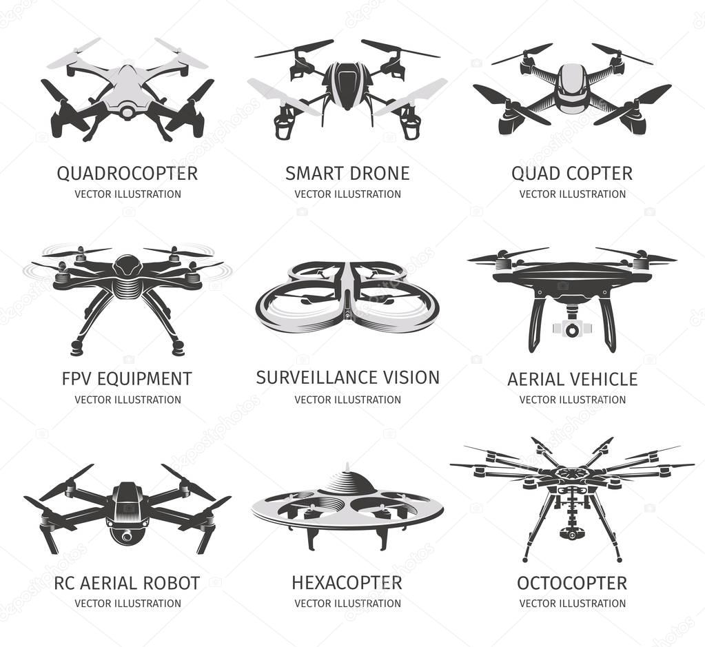 Isolated rc drone logo collection on white. UAV technology logotype set. Unmanned aerial vehicle icons. Remote control device signs. Surveillance vision multirotor. Vector quadcopter illustration.