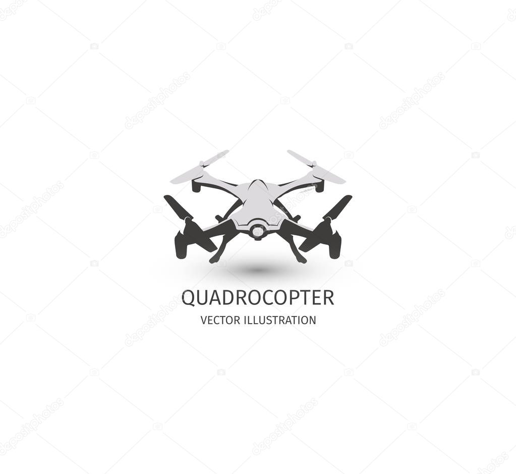 Isolated rc drone logo on white. UAV technology logotype. Unmanned aerial vehicle icon. Remote control device sign. Surveillance vision multirotor. Vector quadcopter illustration