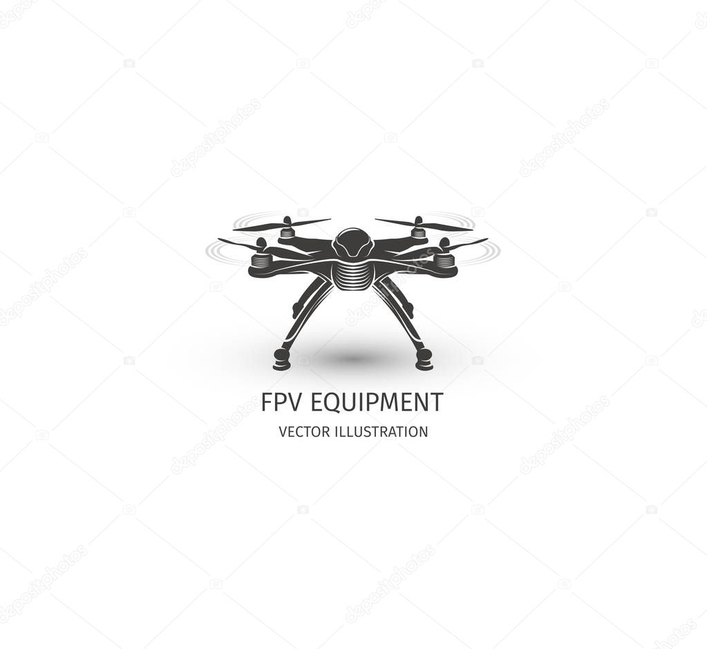 Isolated rc drone logo on white. UAV technology logotype. Unmanned aerial vehicle icon. Remote control device sign. Surveillance vision multirotor. Vector quadcopter illustration