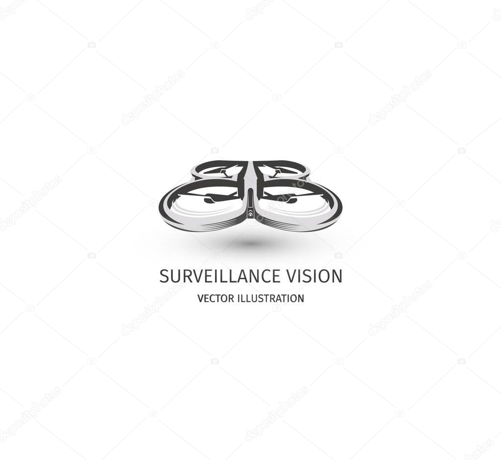 Isolated rc drone logo on white. UAV technology logotype. Unmanned aerial vehicle icon. Remote control device sign. Surveillance vision multirotor. Vector quadcopter illustration.