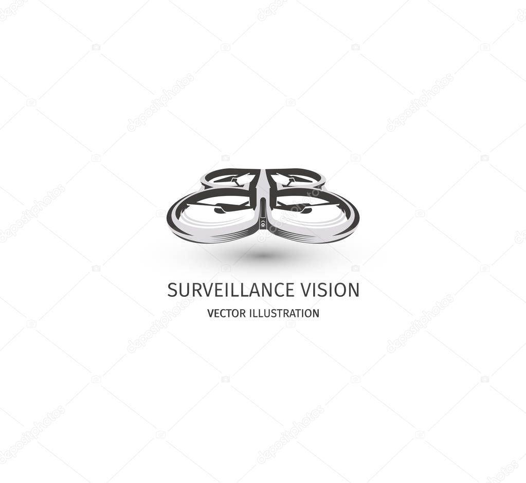 Isolated rc drone logo on white. UAV technology logotype. Unmanned aerial vehicle icon. Remote control device sign. Surveillance vision multirotor. Vector quadcopter illustration