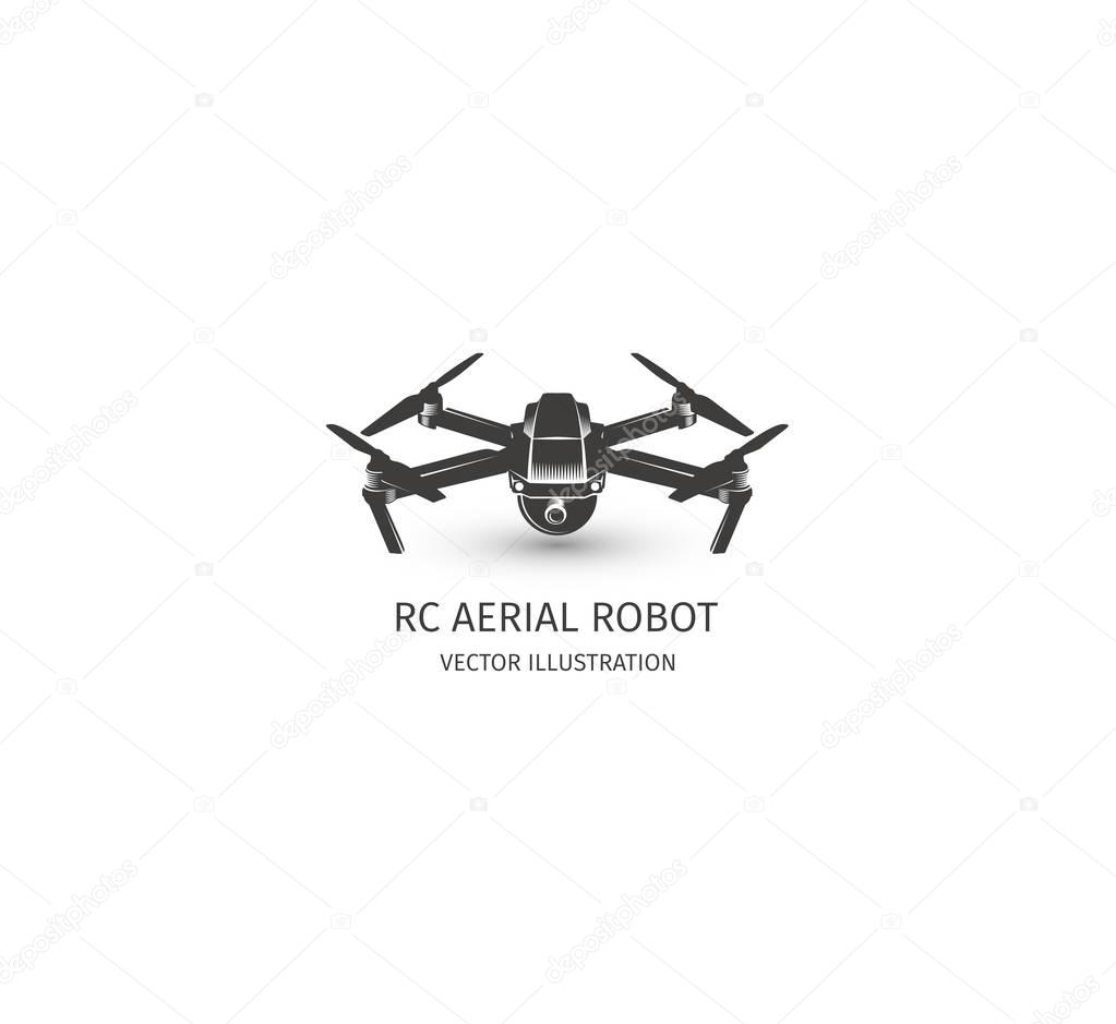 Isolated rc drone logo on white. UAV technology logotype. Unmanned aerial vehicle icon. Remote control device sign. Surveillance vision multirotor. Vector quadcopter illustration