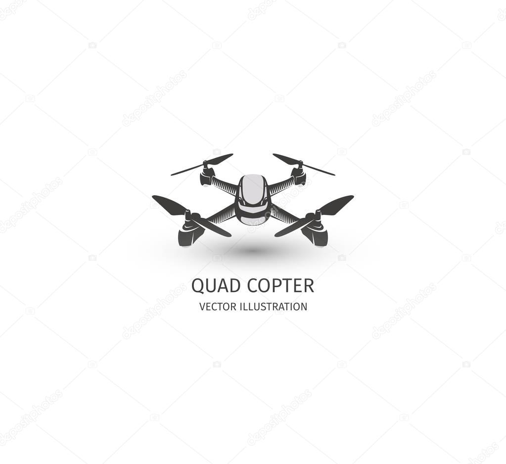 Isolated rc drone logo on white. UAV technology logotype. Unmanned aerial vehicle icon. Remote control device sign. Surveillance vision multirotor. Vector quadcopter illustration.