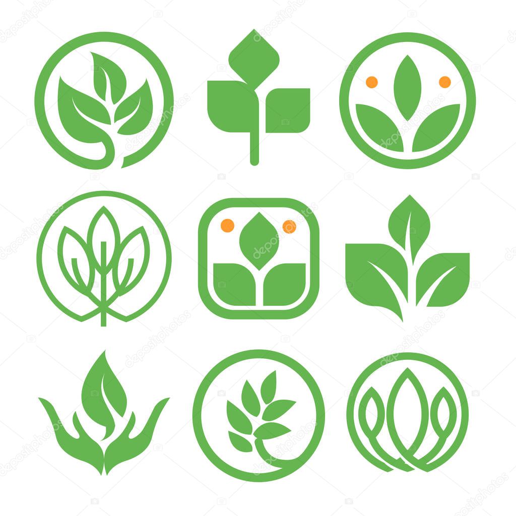 Isolated abstract green color logo collection. Round shape nature element logotype set. Leaf in human hand icon. Agricultural organic products signs. Healing herbs vector illustration.