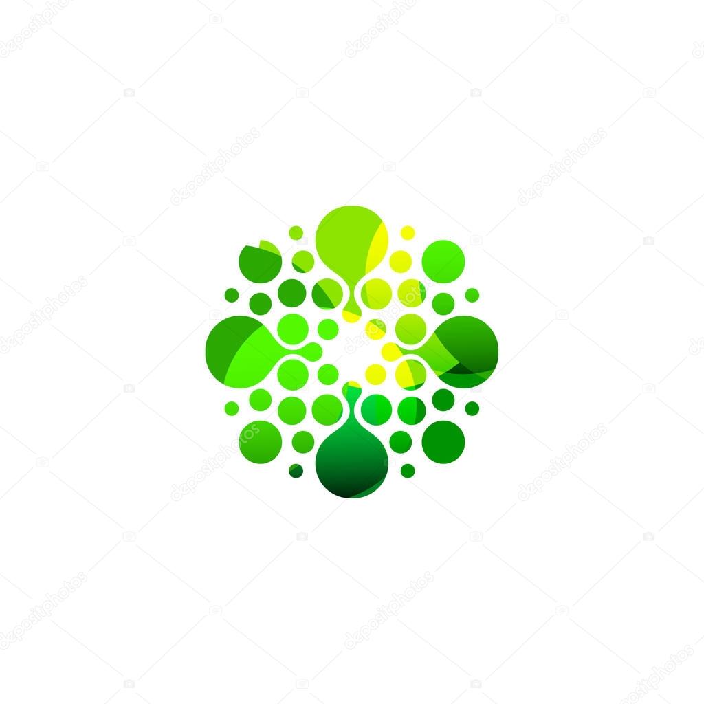 Digital colorful isolated circle logo template. Stylized abstract snowflake, flower or sun vector illustration. Polka dots round sign