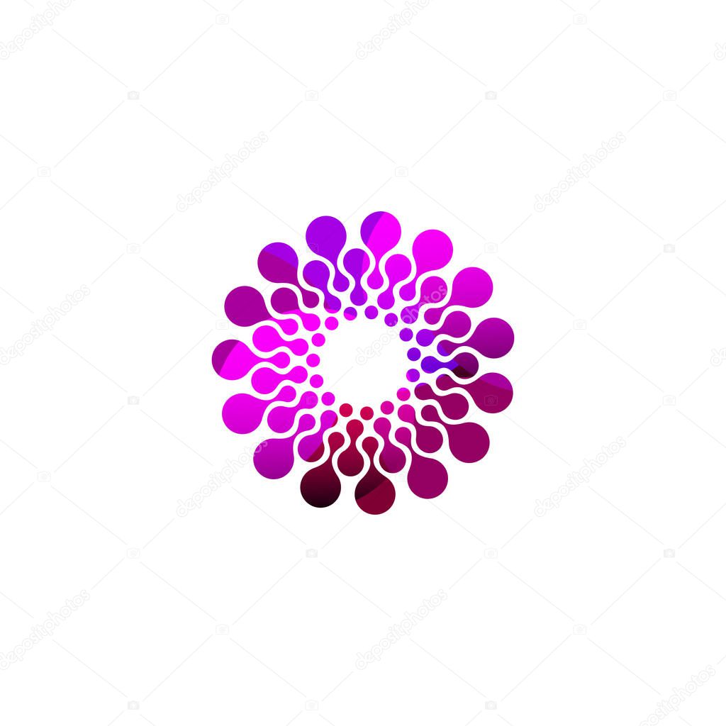 Digital colorful isolated circle logo template. Stylized abstract snowflake, flower or sun vector illustration. Polka dots round sign