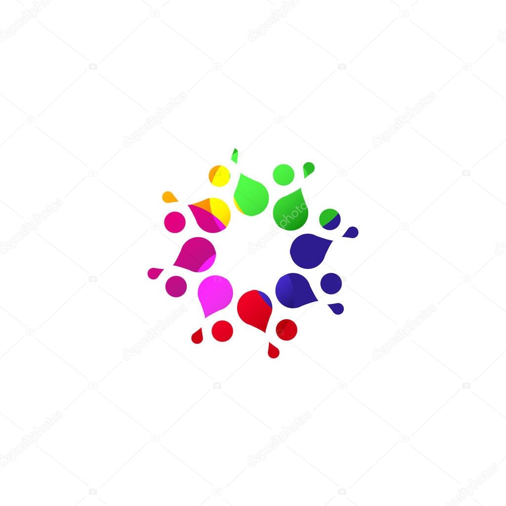 Digital colorful isolated circle logo template. Stylized abstract snowflake, flower or sun vector illustration. Polka dots round sign