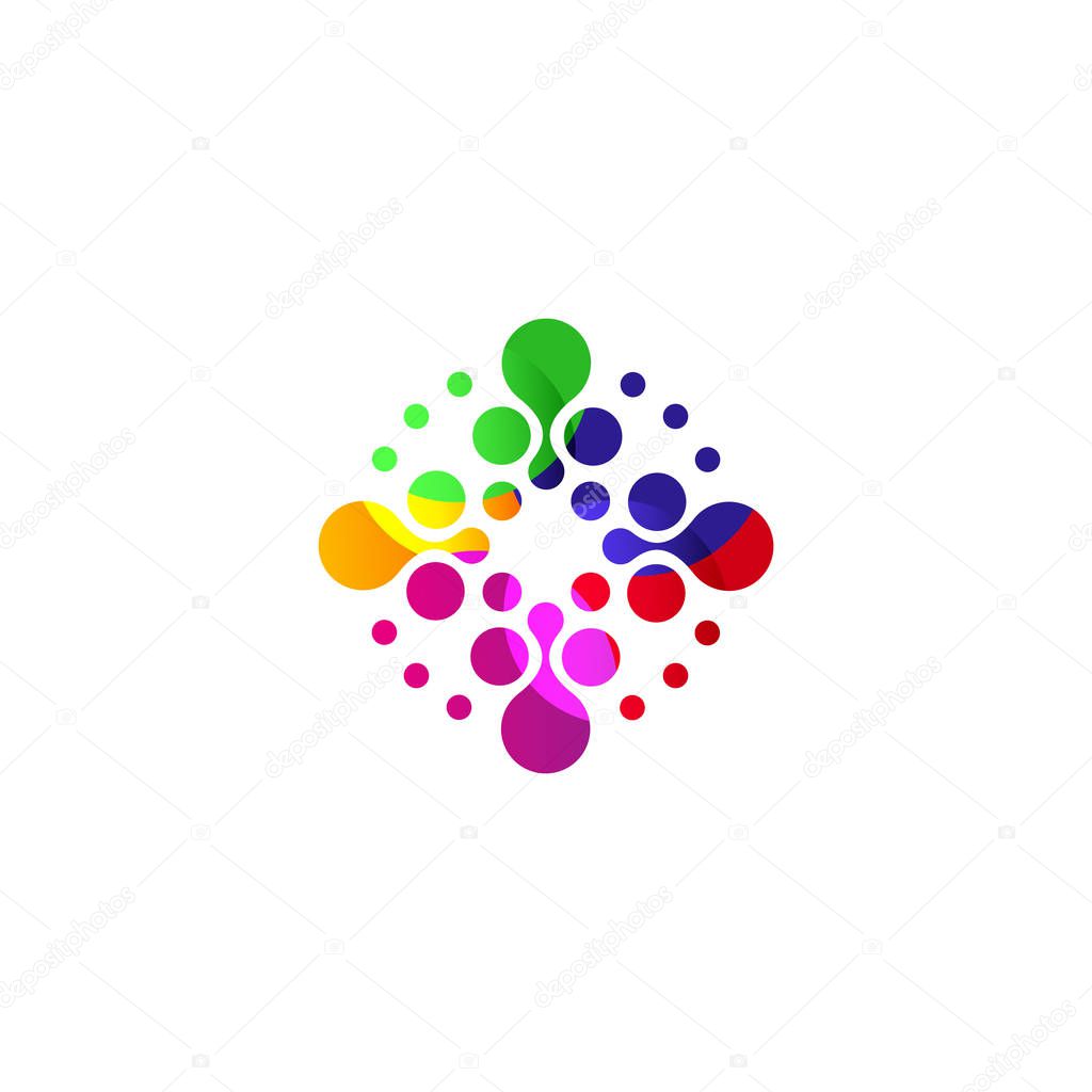 Digital colorful isolated circle logo template. Stylized abstract snowflake, flower or sun vector illustration. Polka dots round sign