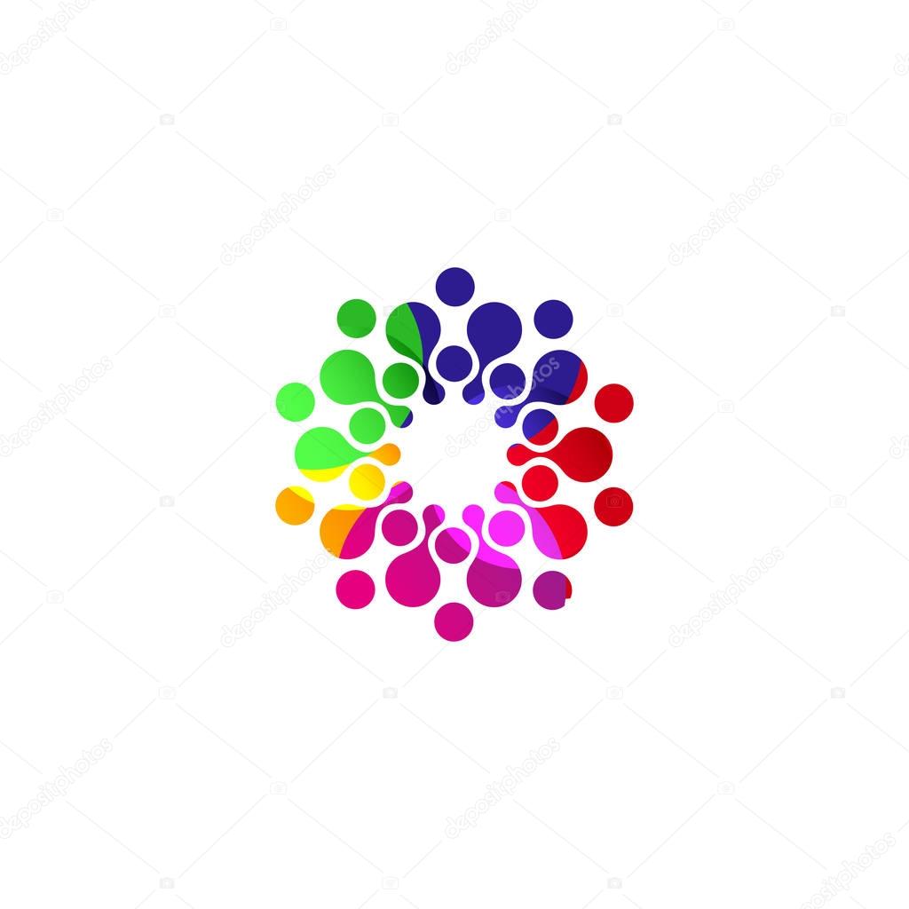 Digital colorful isolated circle logo template. Stylized abstract snowflake, flower or sun vector illustration. Polka dots round sign
