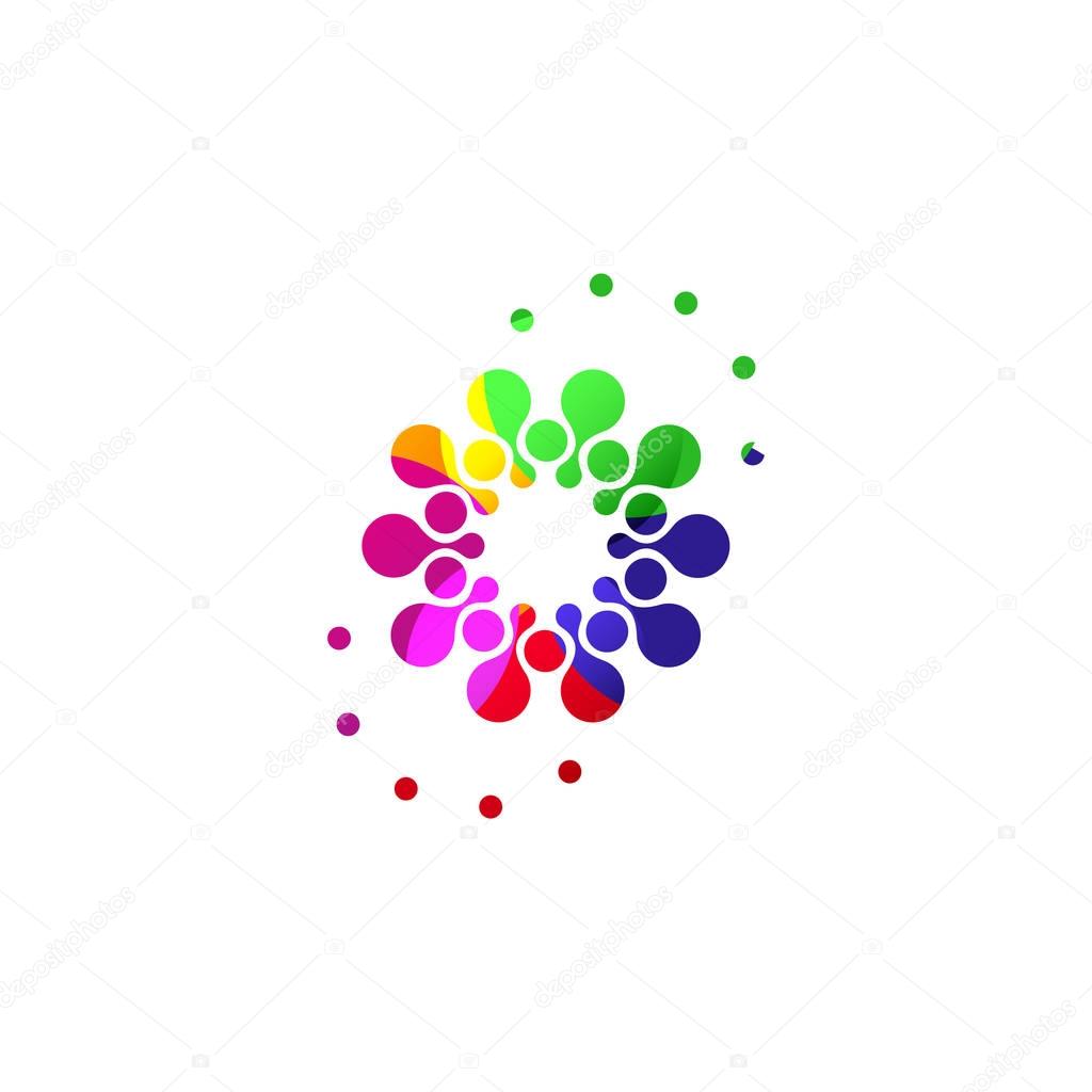 Digital colorful isolated circle logo template. Stylized abstract snowflake, flower or sun vector illustration. Polka dots round sign