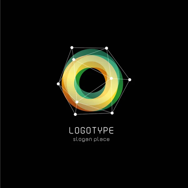 Inusual abstracto formas geométricas vector logo. Logotipos circulares, poligonales y coloridos sobre el fondo negro . — Vector de stock