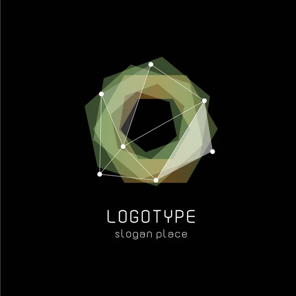 Inusual abstracto formas geométricas vector logo. Logotipos circulares, poligonales y coloridos sobre el fondo negro . — Vector de stock