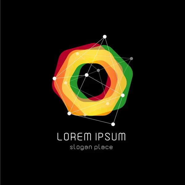Logo vectoriel abstrait de formes géométriques inhabituelles. Logotypes circulaires et polygonaux colorés sur fond noir . — Image vectorielle