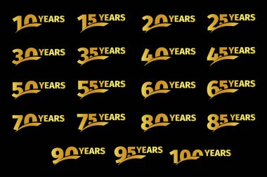 Isolated golden color numbers with word years icons collection on black background, birthday anniversary greeting card elements set vector illustration. clipart