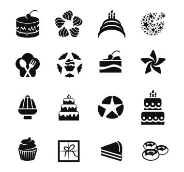 İzole siyah renk simgeleri, kek, kek, çörek, beyaz arka plan vektör çizim üzerinde ayarla logolar börek.