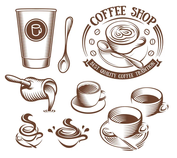 Isolierte braune Farbtasse im Retro-Stil Logos auf weißem Hintergrund gesetzt, Logos Kollektion für Coffeeshop Vektor Illustration. — Stockvektor