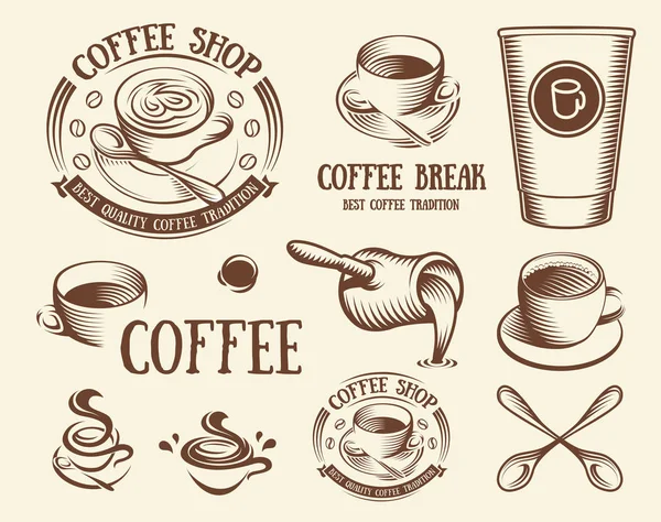 Copo de cor marrom isolado no conjunto de logotipos estilo retro, coleção de logotipos para ilustração de vetor de café . — Vetor de Stock