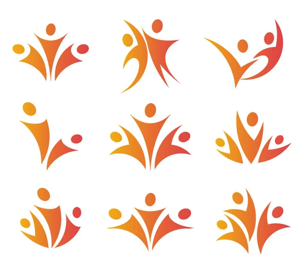 Изолированный абстрактный оранжевый цвет логотипы единства людей, установленные на белом фоне векторной иллюстрации . — стоковый вектор