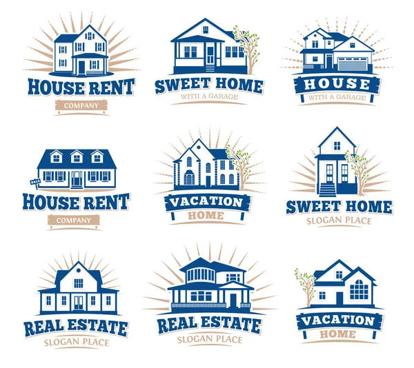 Isolierte blaue Farbe Architekturhäuser Symbole für Immobilien-Business-Broschüren Embleme Sammlung auf weißem Hintergrund Vektor Illustration. — Stockvektor