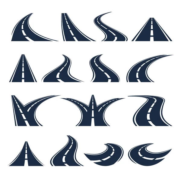 Isolé couleur noire enroulement courbe route ou autoroute avec des marques de division sur fond blanc vectoriel illustrations ensemble . — Image vectorielle