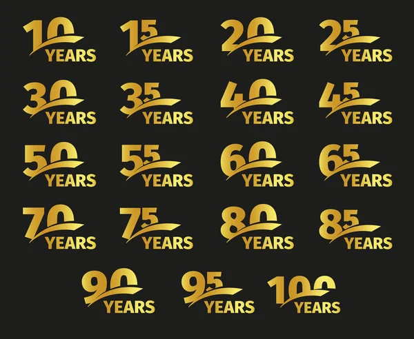 Números de color dorado aislados con colección de iconos de años de palabra sobre fondo negro, cumpleaños aniversario tarjeta de felicitación elementos conjunto vector ilustración . — Archivo Imágenes Vectoriales