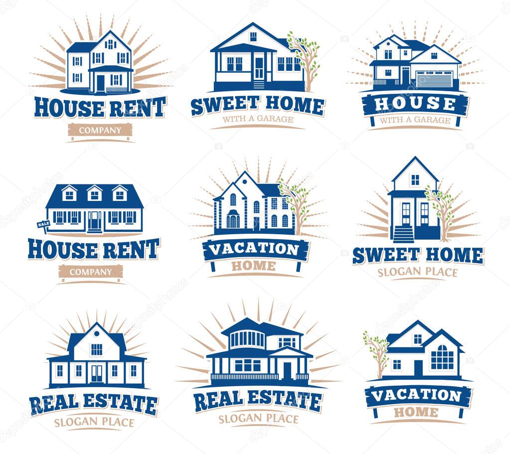 Isolated blue color architectural houses icons for real estate business leaflets emblems collection on white background vector illustration