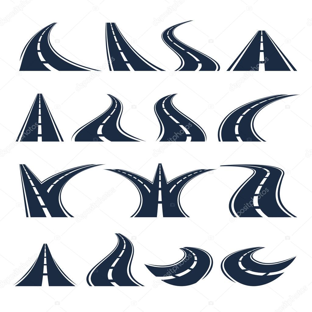 Isolated black color winding curved road or highway with dividing markings on white background vector illustrations set.