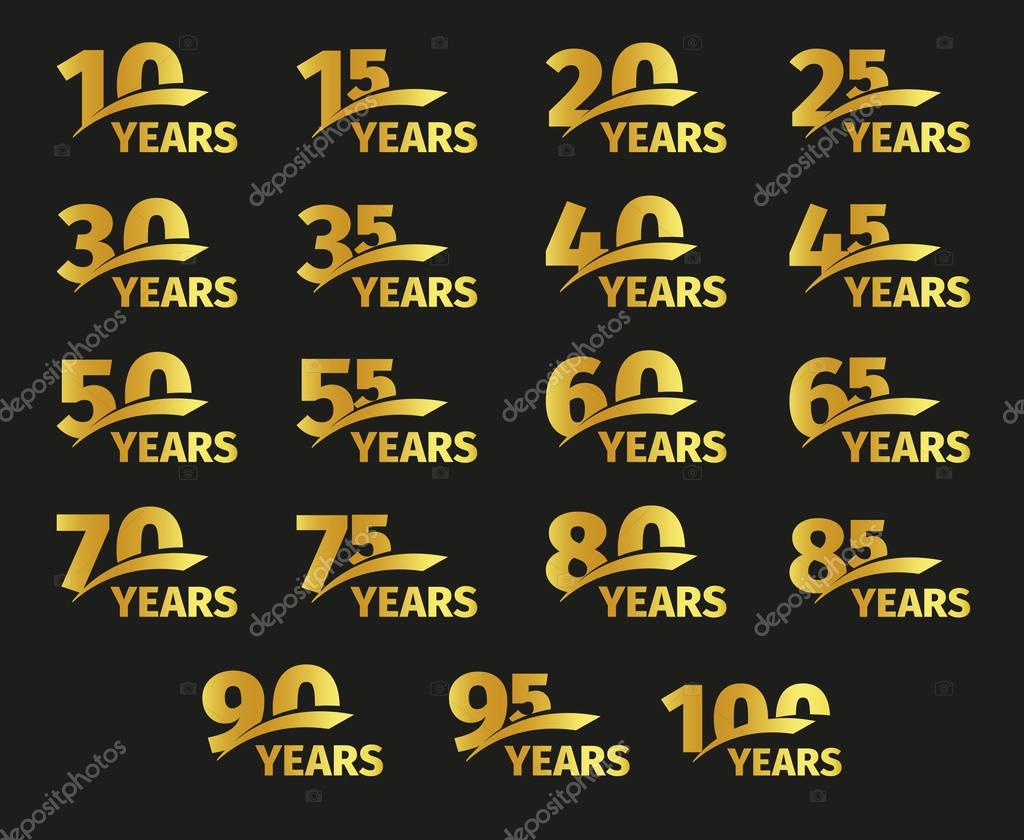 Isolated golden color numbers with word years icons collection on black background, birthday anniversary greeting card elements set vector illustration